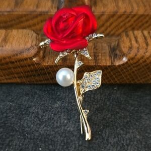 Radiant Red Rose Brooch with Pearl by [Brand]